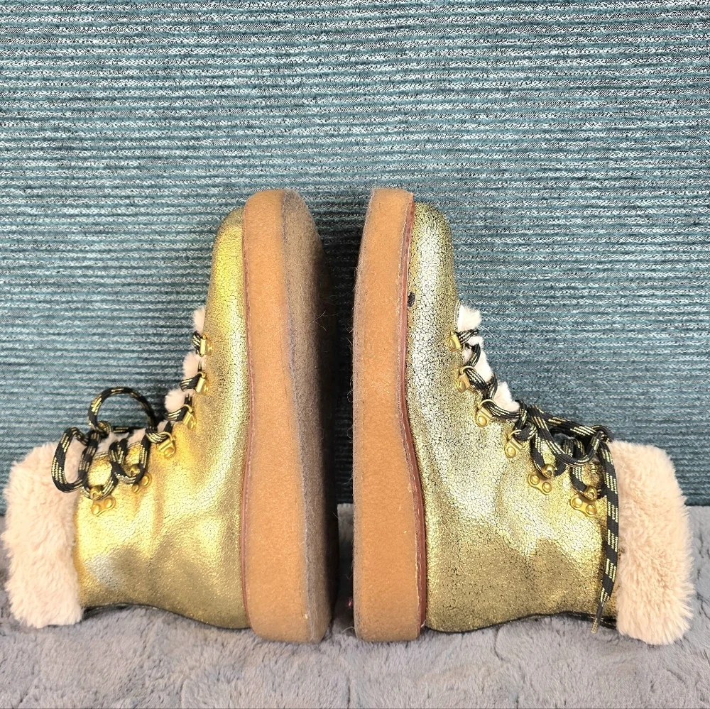 J Crew Gold Metallic Winter Shearling Boots, Wedge Crepe Sole,  Womens Sz 6